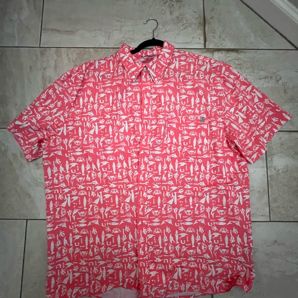 Huk Casual Pink and White Geometric Button Down Shirt